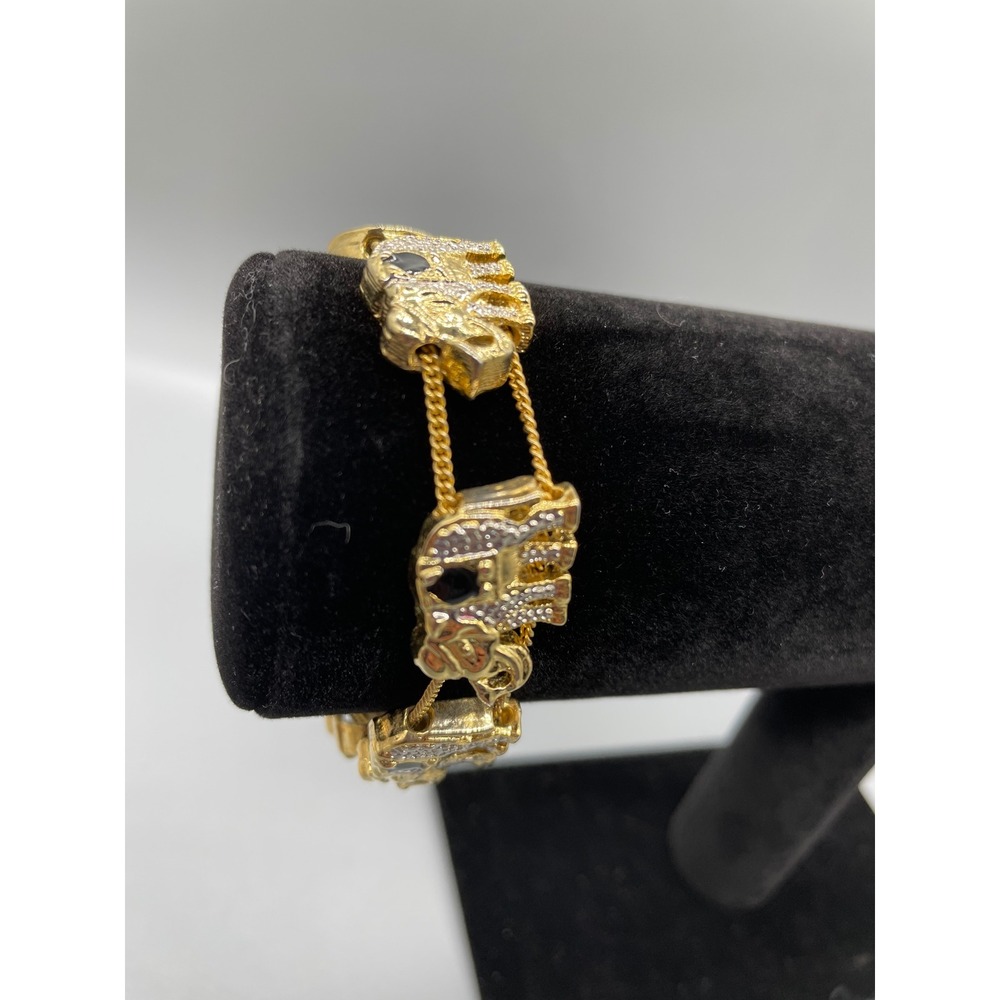 Gold Tone Elephant Link Slider Bracelet Rhinestone Accents Crescent Moon 8 Inch
